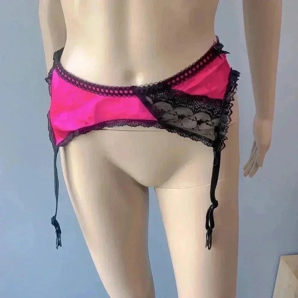 Vintage E. Bole 80’s neon pink black lace garter belt - Picture 1 of 13
